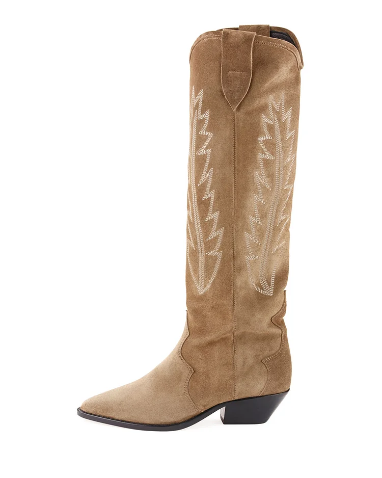 Embroidered Khaki Vegan Suede Pointed Toe Wide Calf Knee High Cowgirl Boots |FSJ Shoes