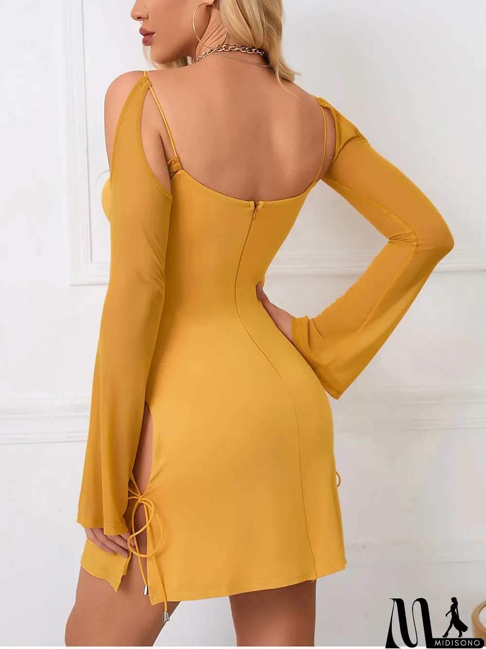 MidiSono - Women Long Sleeve Lace Up Hollow Out Long Sleeve Dress