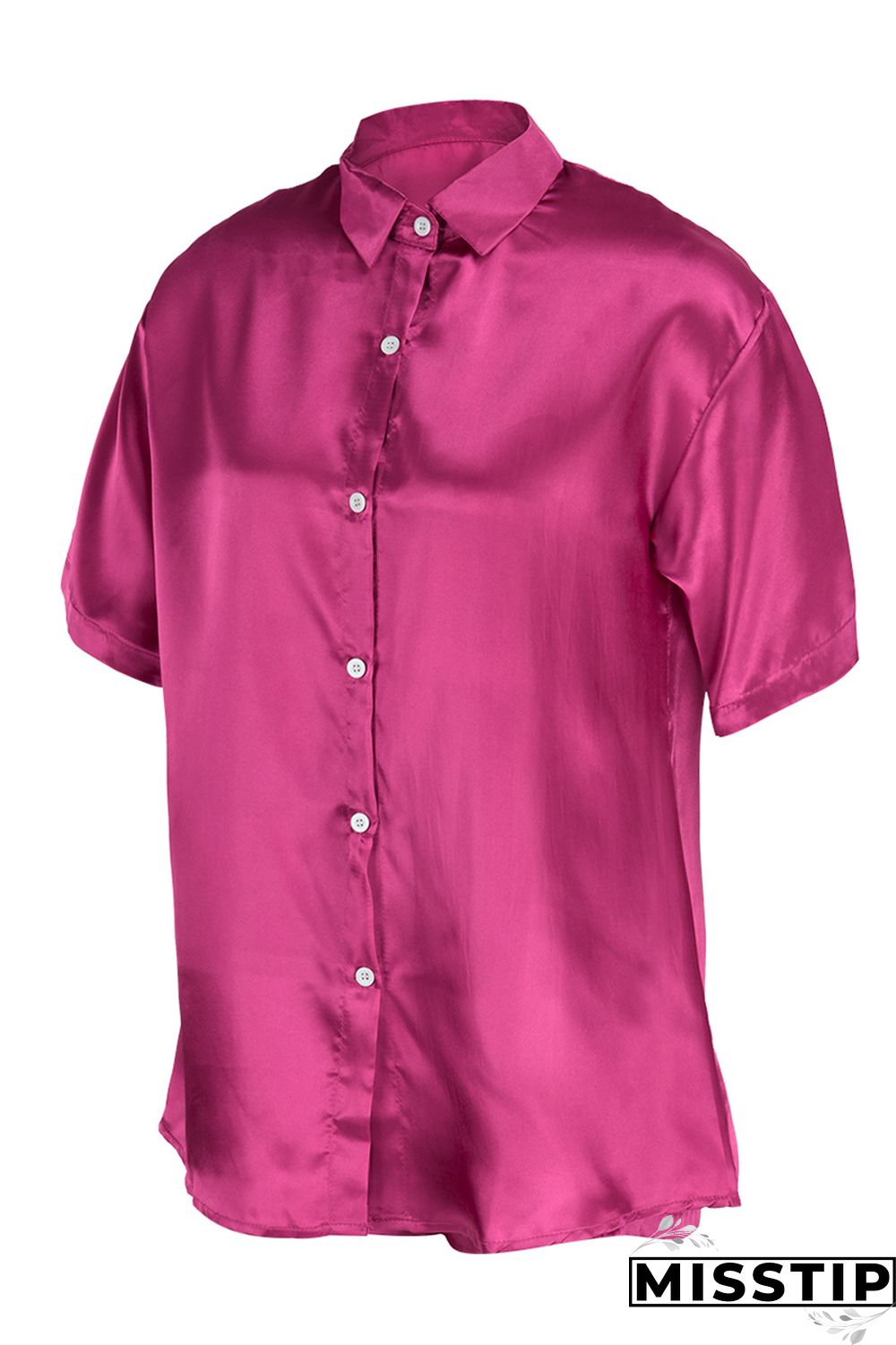 Rose Red Fashion Casual Solid Basic Turndown Collar Short Sleeve Two Pieces