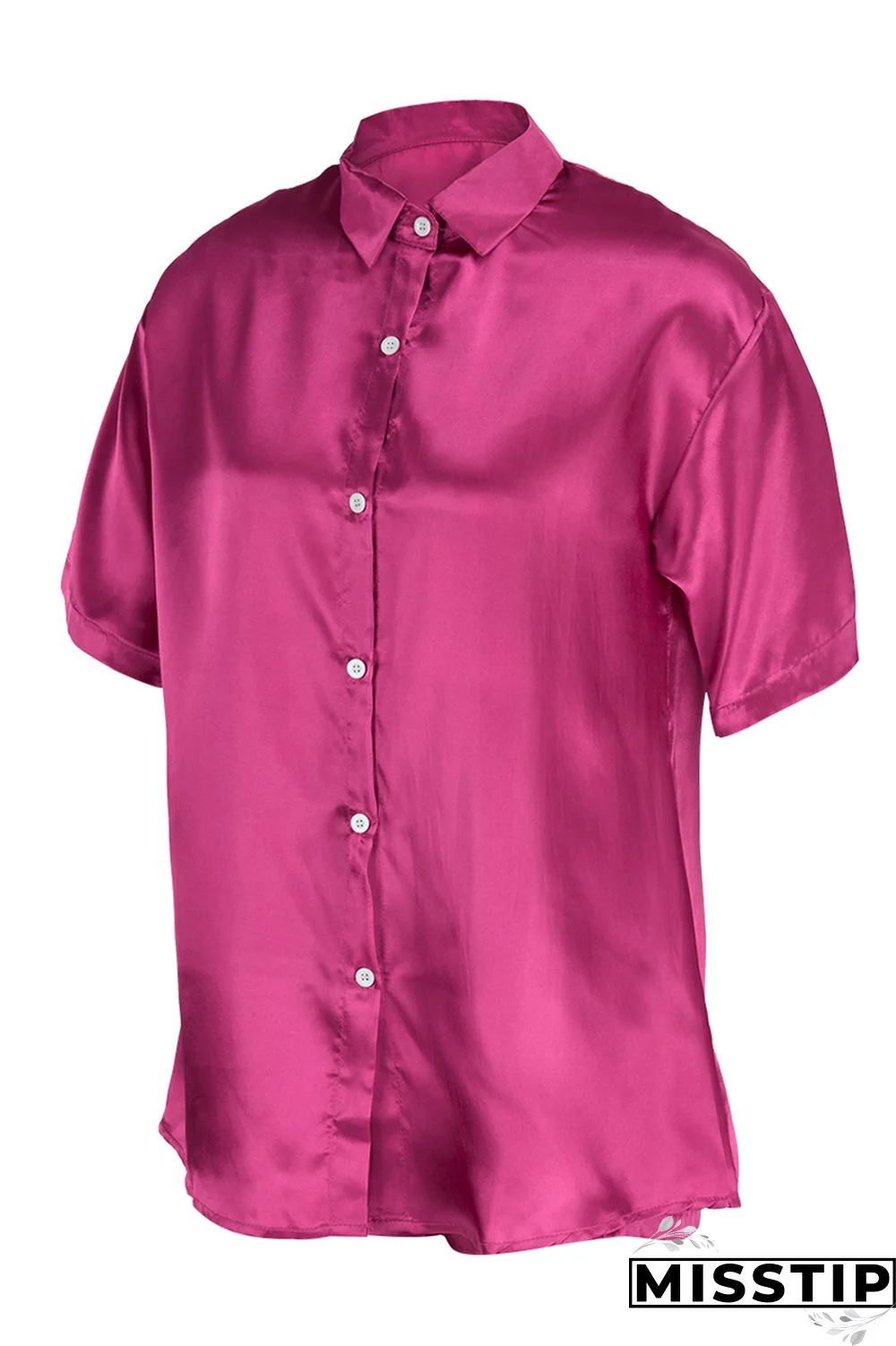 Rose Red Fashion Casual Solid Basic Turndown Collar Short Sleeve Two Pieces