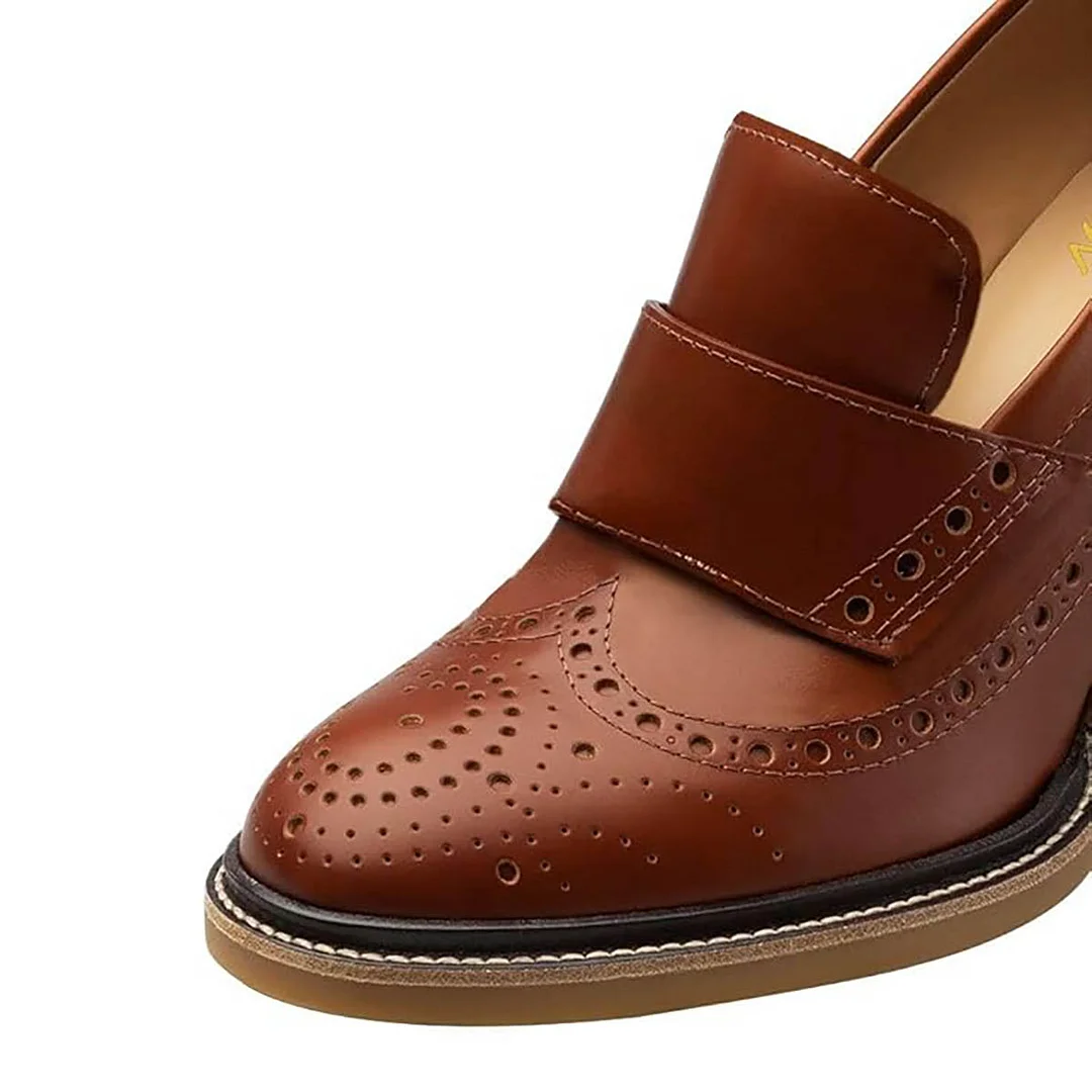 Brown Round Toe Chunky Heel Slip-On Women's Loafers with Hollows