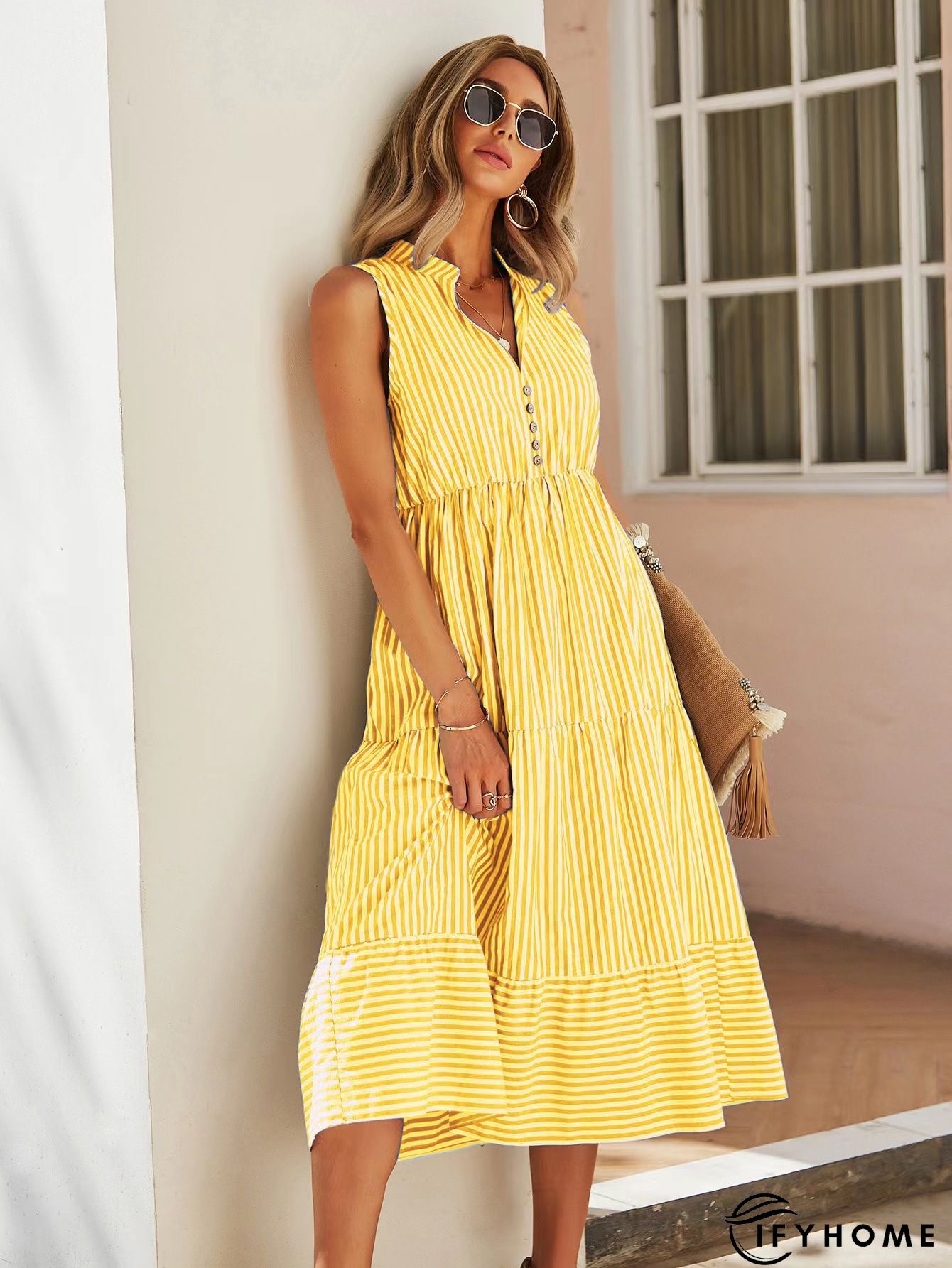 Casual Tie-dye Stripes Buttoned Notch Neck Midi Dress | IFYHOME