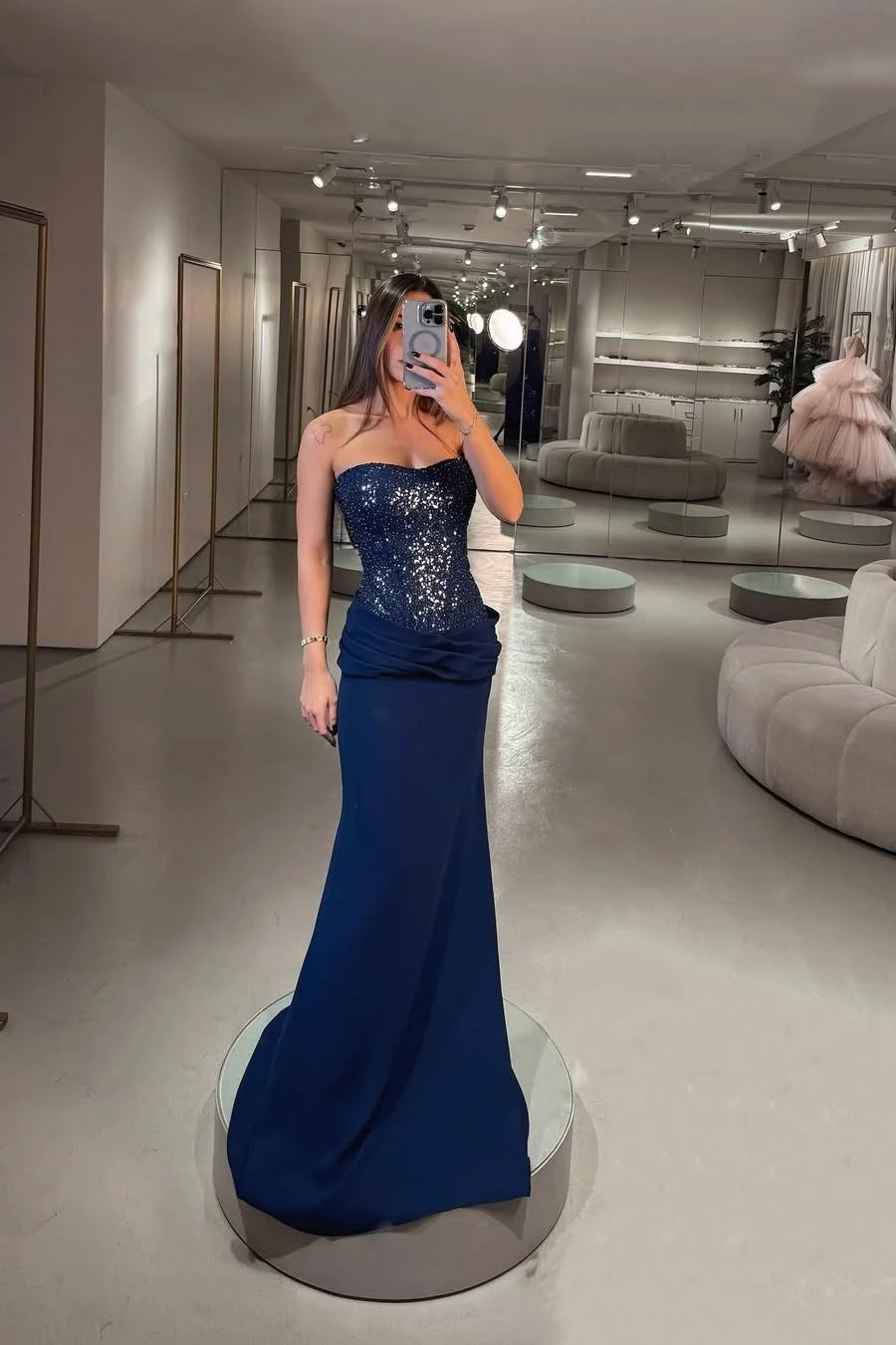 Miabel Elegant Dark Navy Satin Strapless Sleeveless Sequins Slim Prom Dress with Pleated 