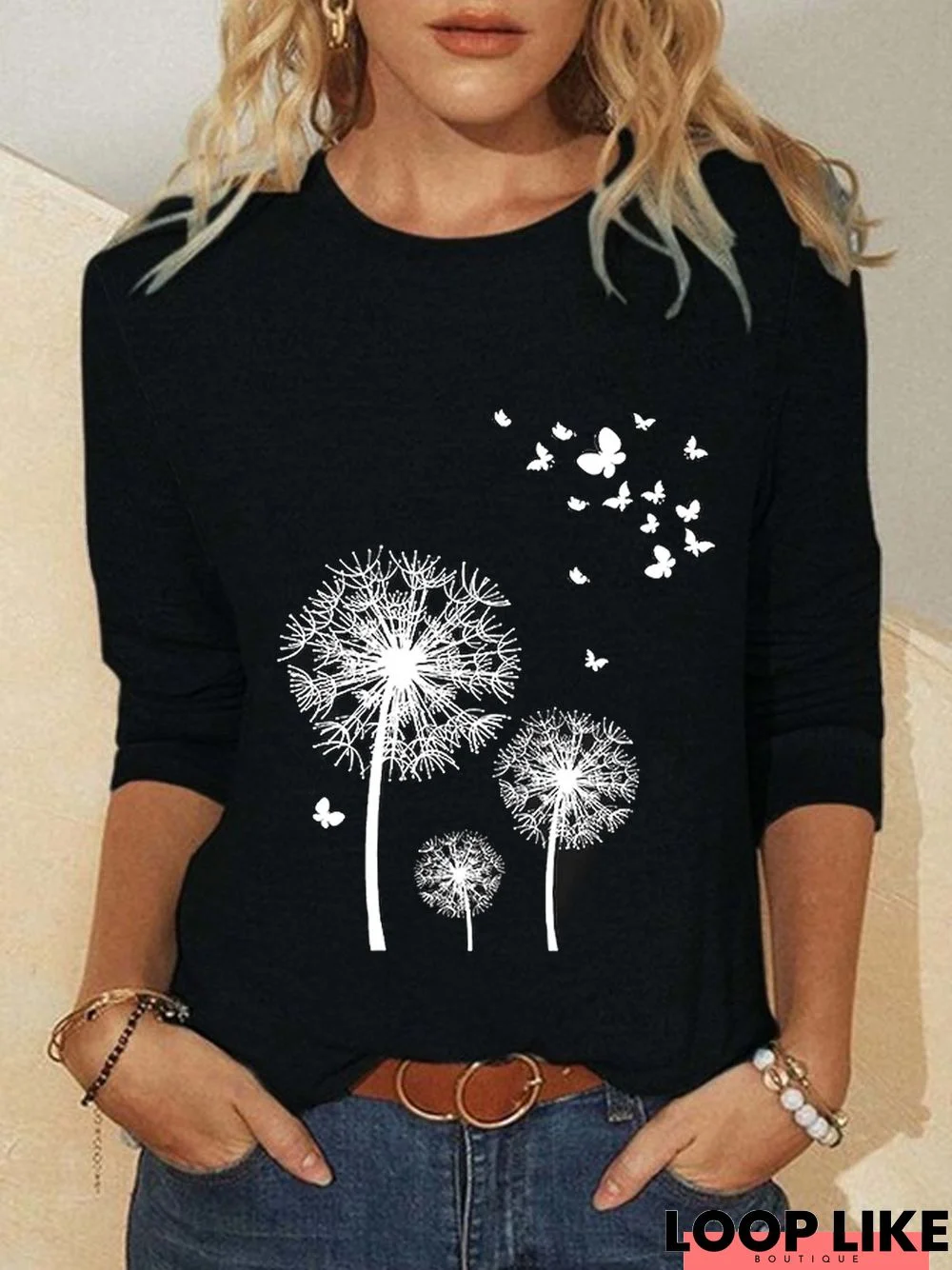 Casual Dandelion Long Sleeve Crew Neck Printed Top T-shirt