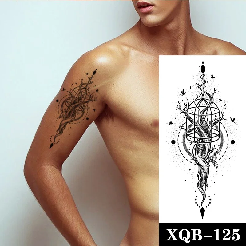 Life Tree Geometric Waterproof Temporary Tattoo Sticker Black Crow Lines Fake Tattoos Flash Tatoos Arm Body Art for Women Men