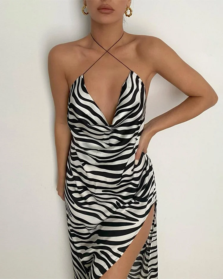 Zebra Print Split Halter Dress