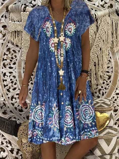 New Women Chic Plus Size Vintage Boho Hippie Holiday V Neck Cotton Short Sleeve Dresses-Mayoulove