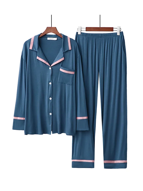 Contrast Colors Split-Joint Long Sleeve Blouse & Pants Pajama Sets