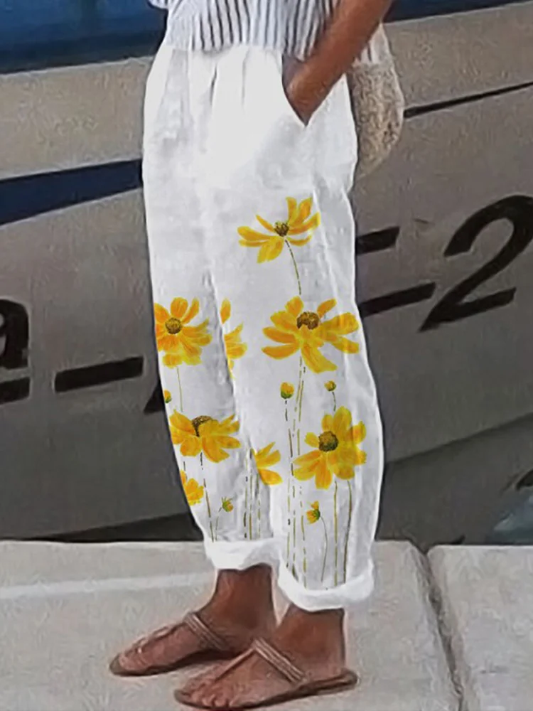 VChics Floral Art Print Pocket Casual Pants