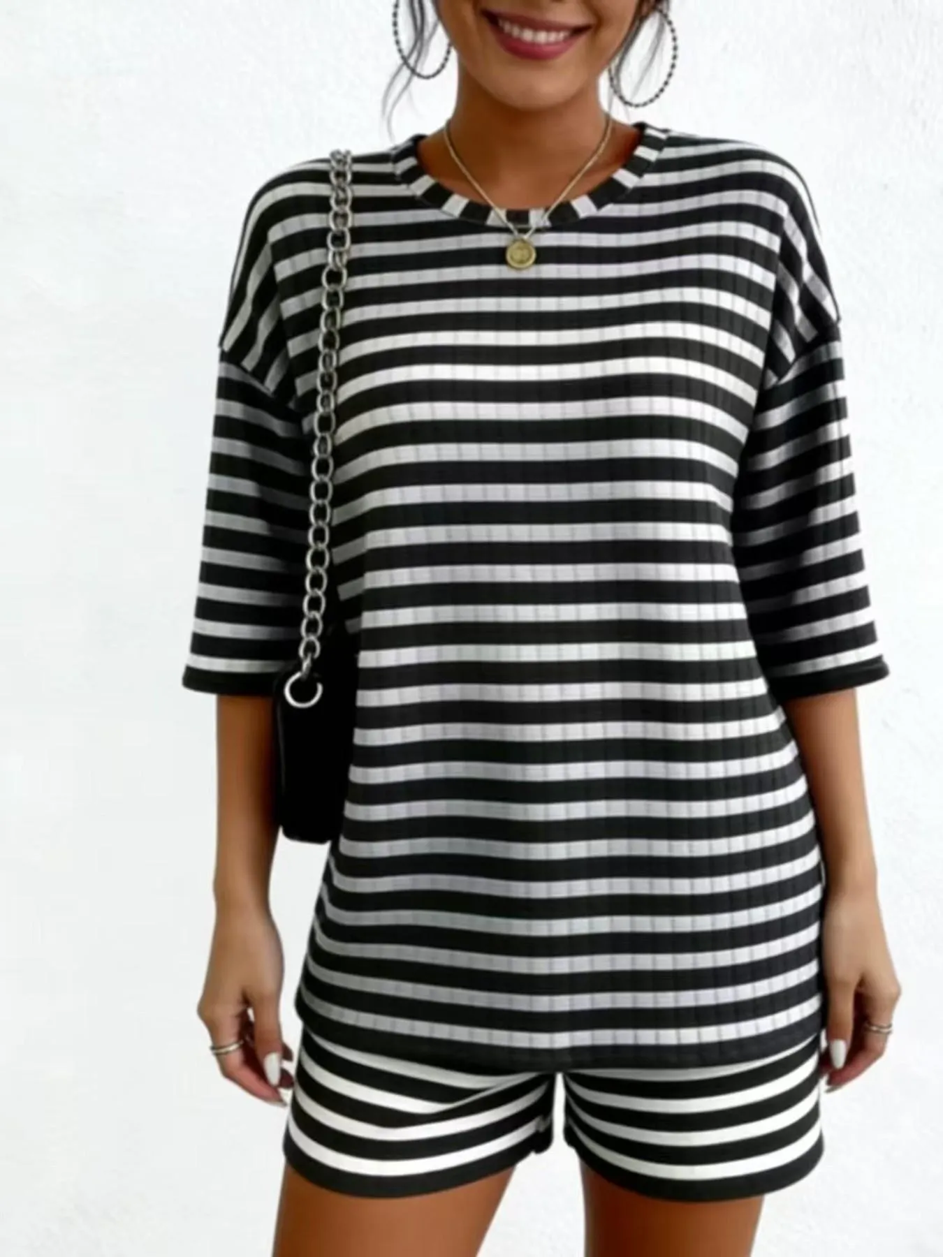 Women's Casual Loose Oversized Striped Set, Summer Short Sleeve Tee & Shorts, Airport Outfit, Home Wear, Sportswear, Fashionable Women's Clothing, Summer Lounge Sets Women's Casual Loose Oversized Striped Set, Summer Short Sleeve Tee & Shorts, Airport Outfit, Home Wear, Sportswear, Fashionable Women's Clothing, Summer Lounge Sets