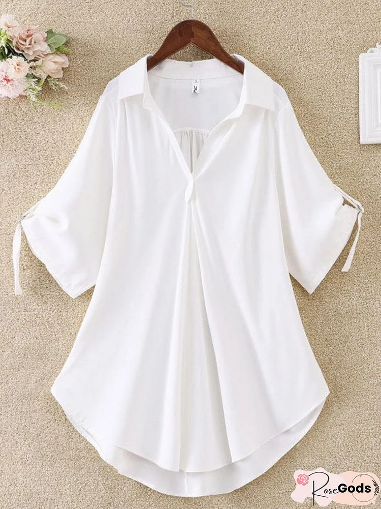 V-Collar Plain Color Loose Chiffon Short-Sleeved Shirt