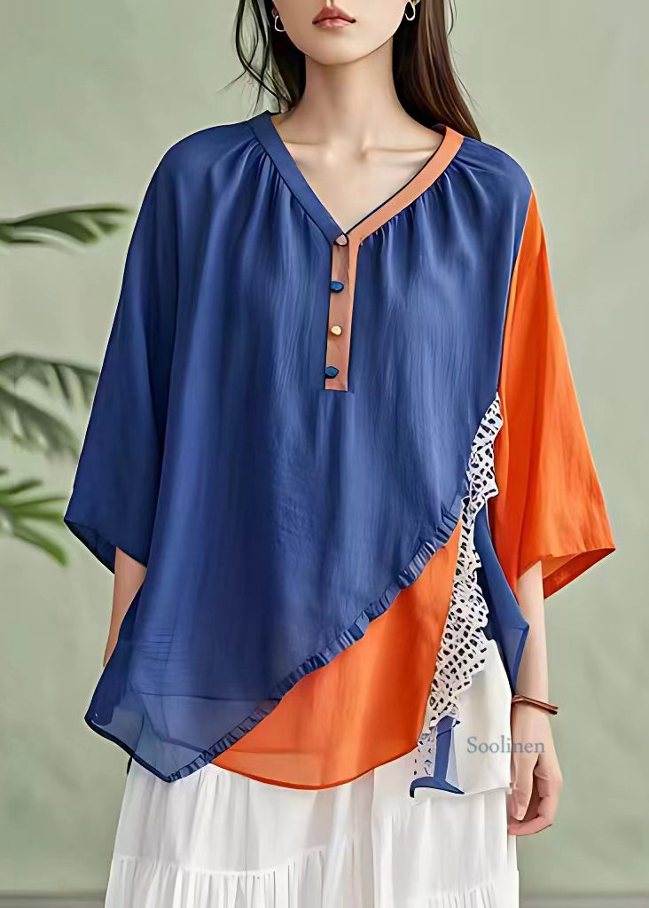 VCSHOES Blue Dot Ruffled Patchwork Shirt Fall