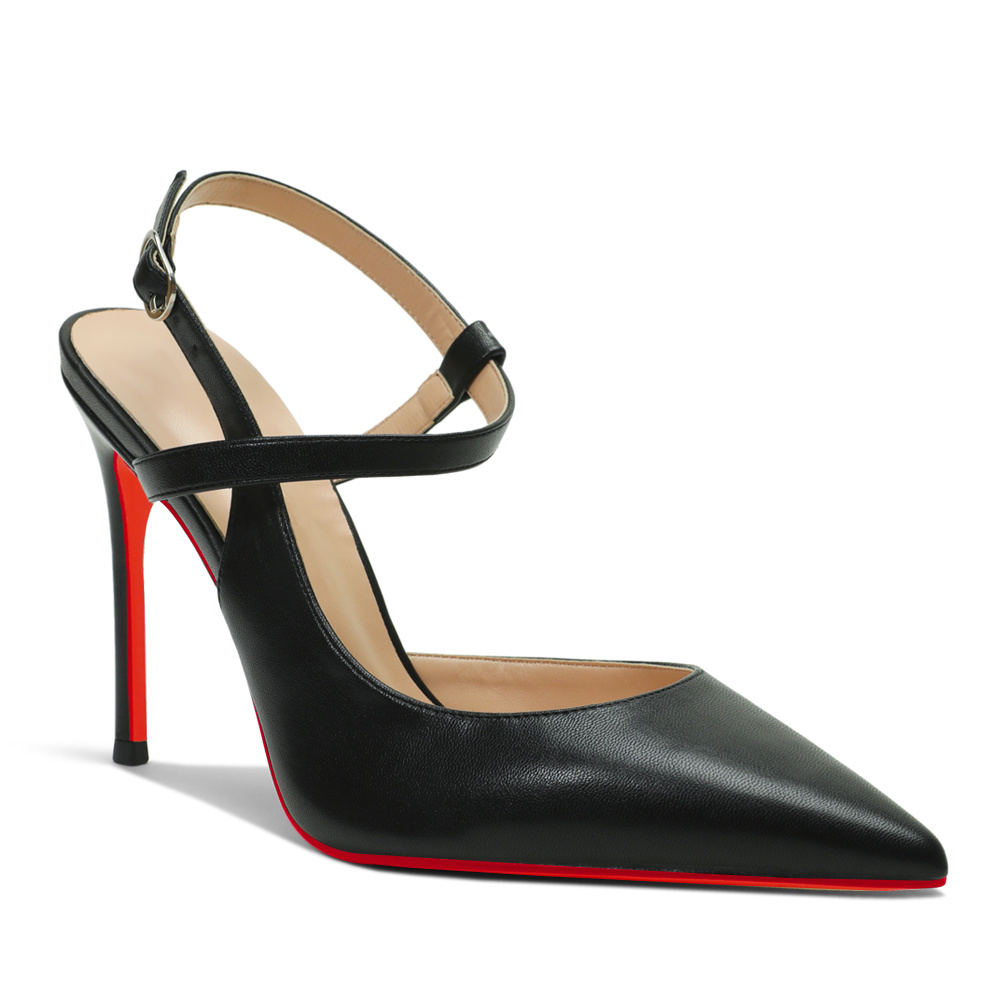 100mm Mid Heel Women Slingback Pumps Ankle Strap Jenlove Stiletto Close Pointed Toe Dress Red Bottoms Matte Glitter Shoes-MERUMOTE