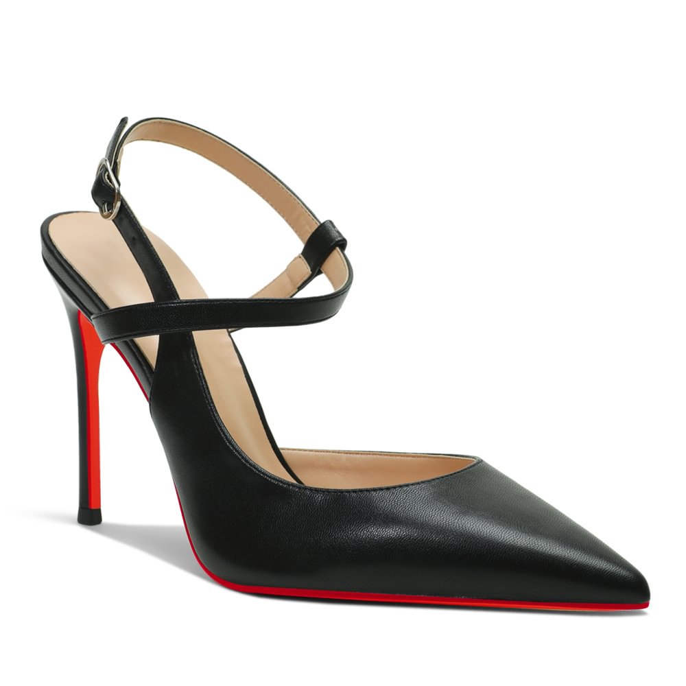 100mm Mid Heel Women Slingback Pumps Ankle Strap Jenlove Stiletto Close Pointed Toe Dress Red Bottoms Matte Glitter Shoes-MERUMOTE