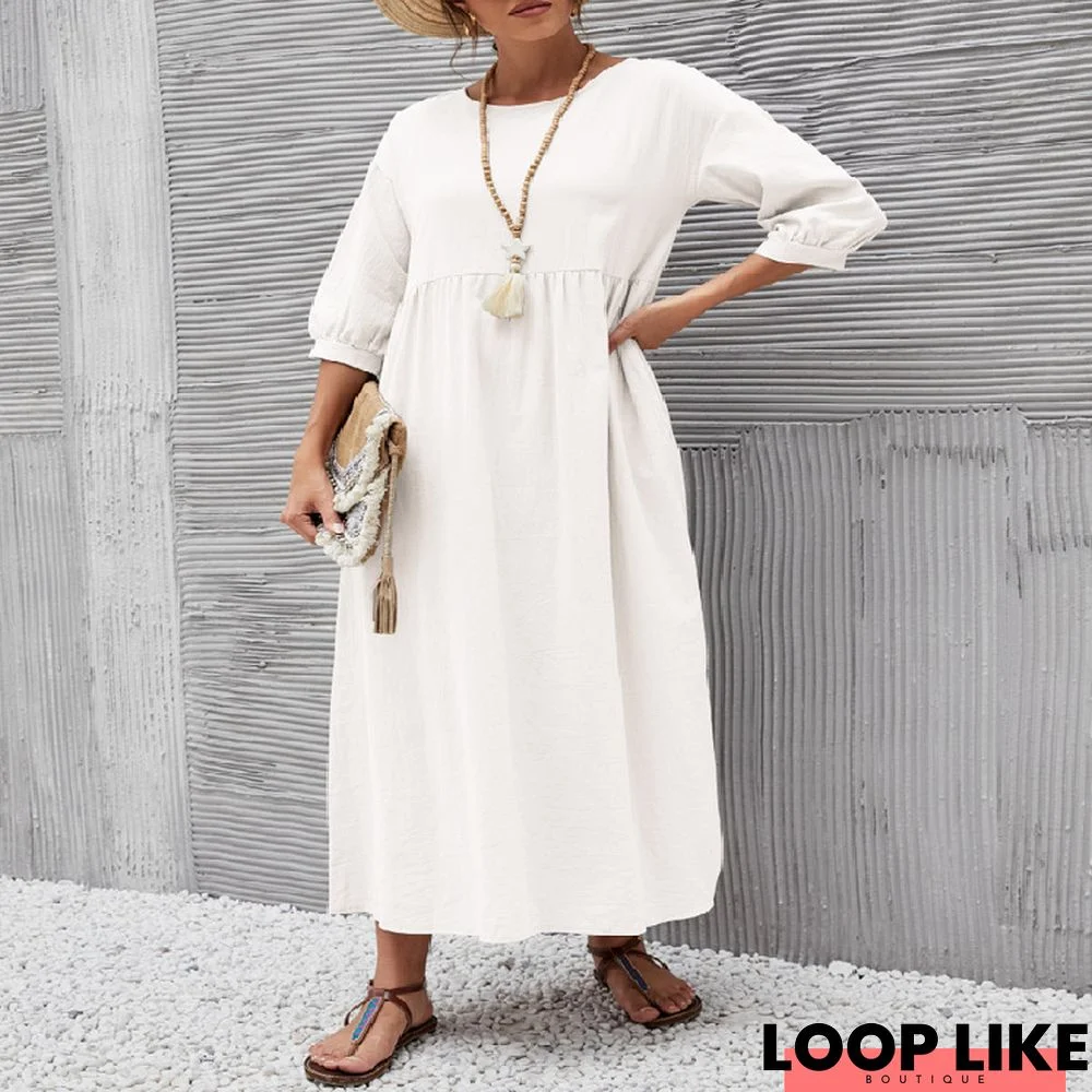 Fashion Lantern Sleeve Loose Cotton and Linen Pocket Dress