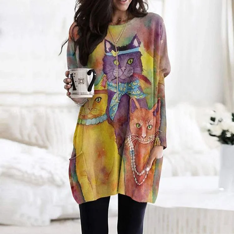 Vefave Vefave Vefave Three Cats Print Pocket Long Sleeve Tunic