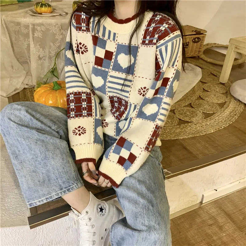 Churchf Churchf Sweater Adds Thick Splicing Love Sweater Female Loose Outside Wear Autumn Winter New Style Vintage Jacquard Casual Sweater