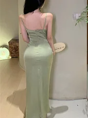 Ejimei Sexy Bodycon Satin Dress Women New Summer Spaghetti Strap Swinging Collar Mermaid Solid Evening Party Dresses Prom Robe Vestido