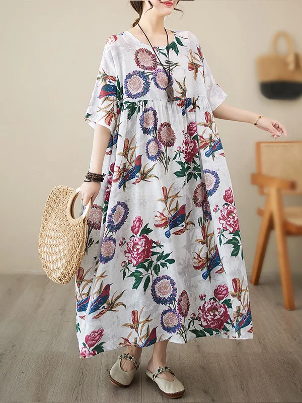 Batwing Sleeves Loose Pleated Split-Joint Round-Neck Midi Dresses