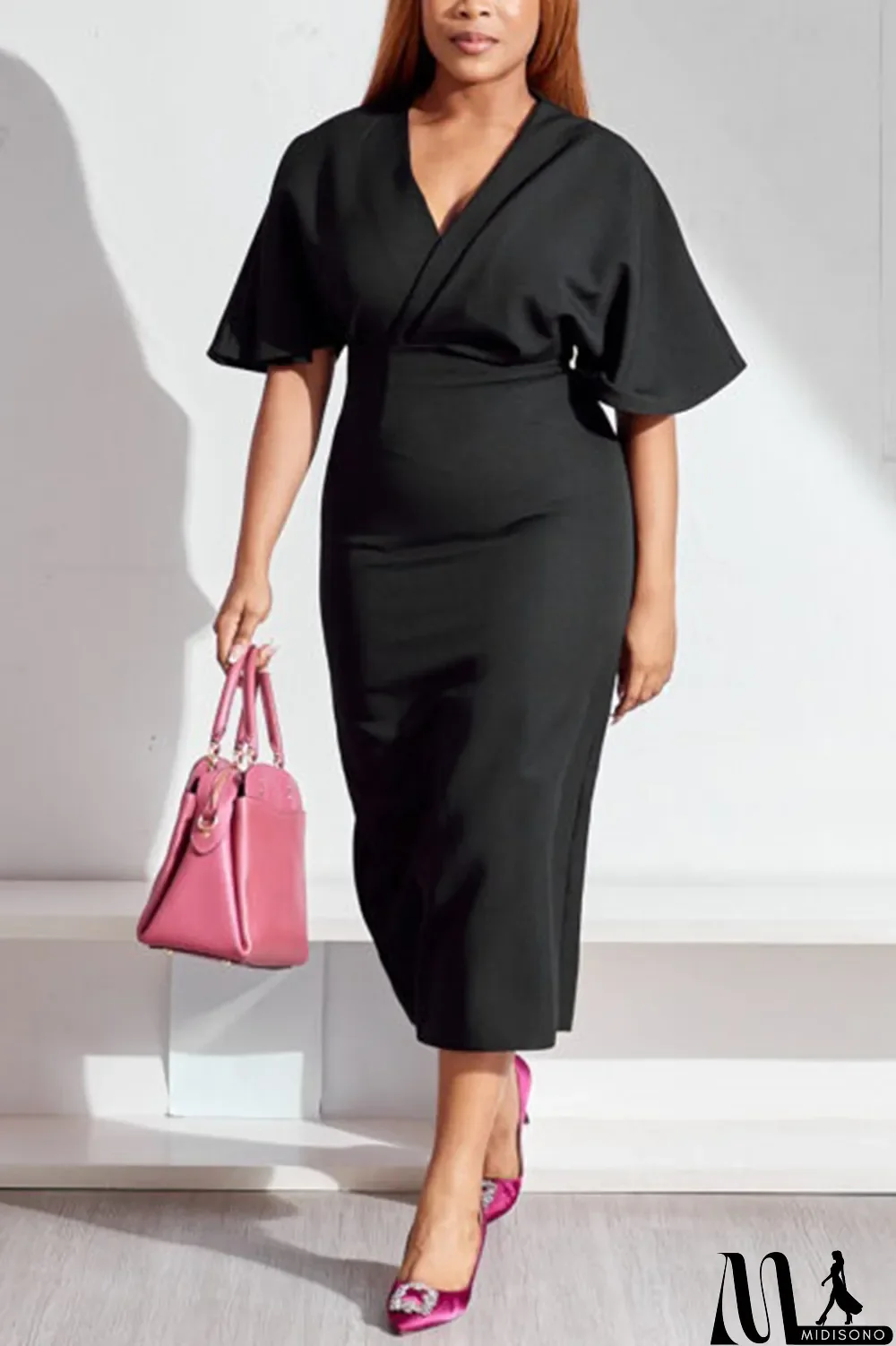 MidiSono - Black Plus Size Casual Simplicity Basis Solid Color V Neck Wrapped Skirt