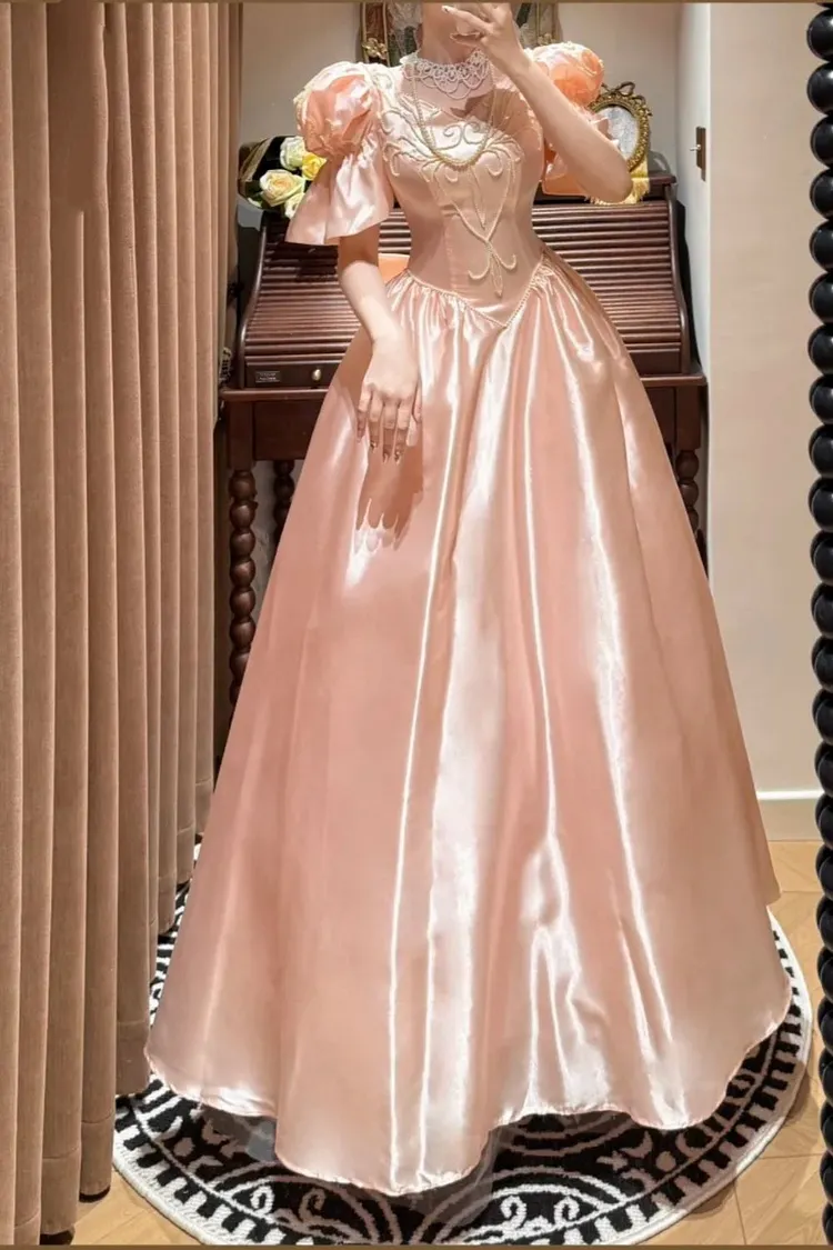 Pink Exquisite Beaded Long Satin Princess Formal Prom Dress Graduation Dress Evening Dress