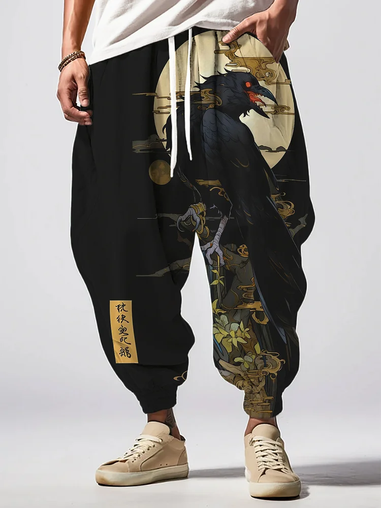 Men's Crow Japanese Art Print Loose Drawstring Waist Sweatpants
