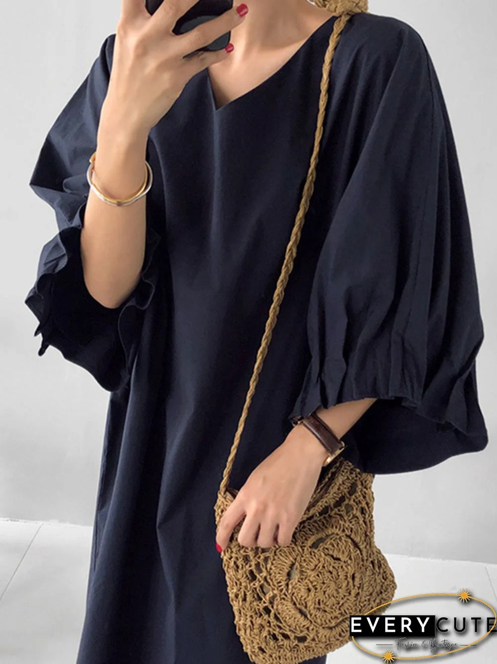 Causal Plus Size Pleated Raglan Sleeve V-Neck Midi Dress