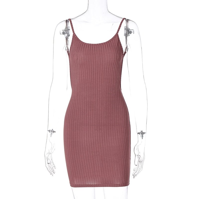 Dulzura Ribbed Knitted Stripe Women Strap Mini Dress Backless Bodycon Sexy Streetwear Club Elegant 2021 Summer Solid Clothes