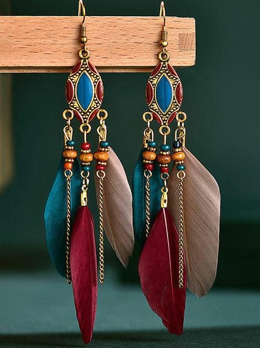 Vintage Bohemian Beading Feather Tassel Earrings