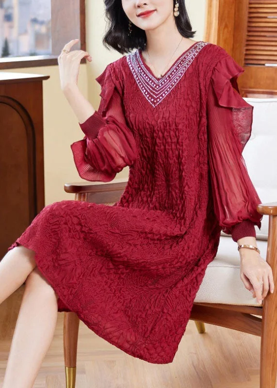 Unique Red V Neck Embroideried Ruffled Tulle Patchwork Zircon Mid Dresses Long Sleeve