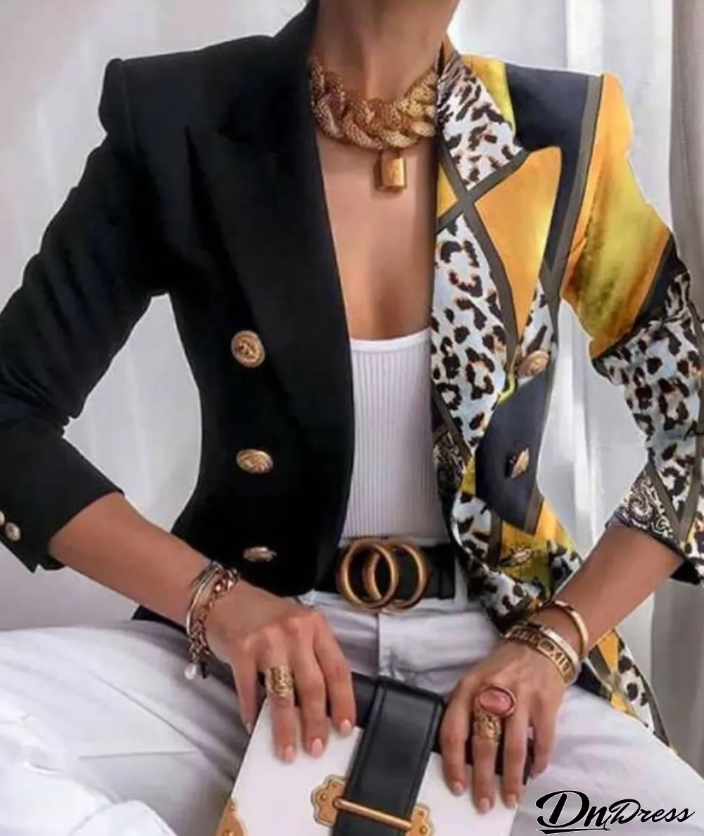 Autumn Elegant Print Turndown Collar Black Regular Blazer