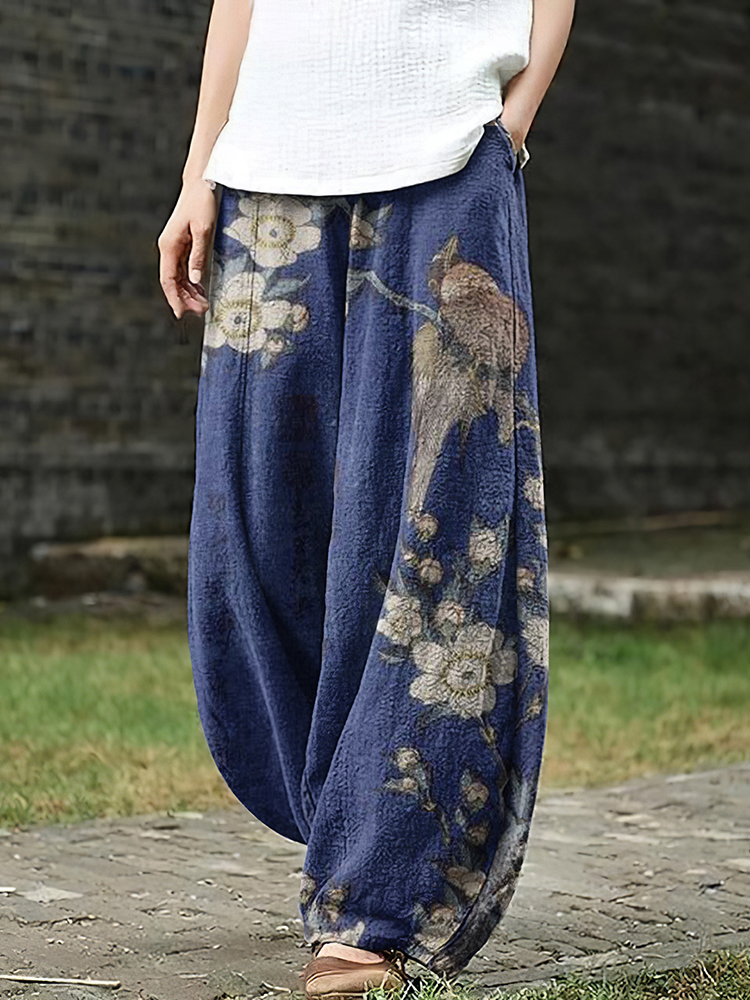 Comstylish Women's Japanese Art Flowers And Birds Pocket Loose Casual Pants