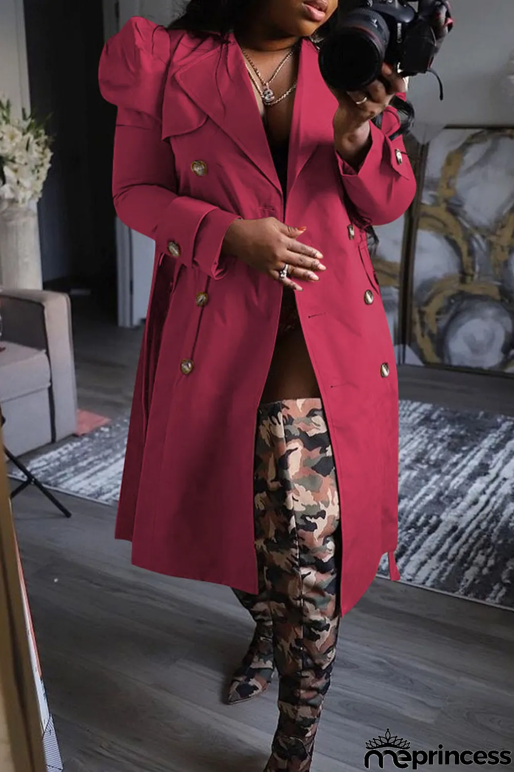 Khaki Casual Solid With Belt Turndown Collar Outerwear