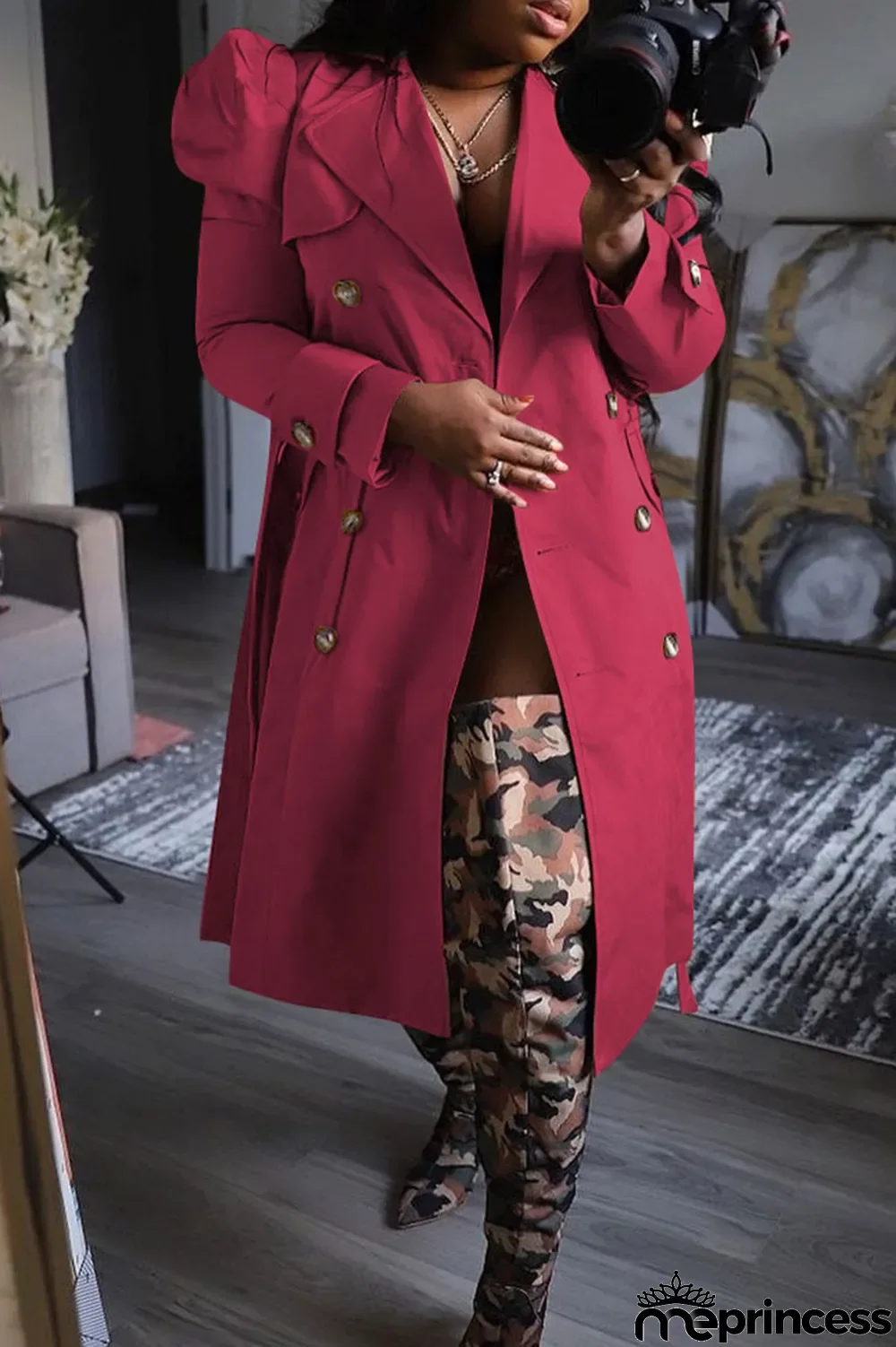 Khaki Casual Solid With Belt Turndown Collar Outerwear