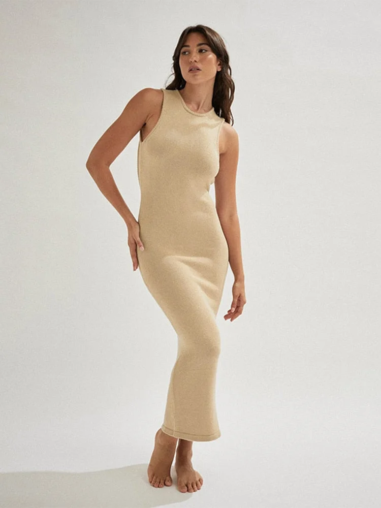 Jacqueline 2022 Sexy Backless Party Evening Dresses Midi Women Beach Sleeveless Tank Knitted Bodcyon Dress Elegant Casual Summer