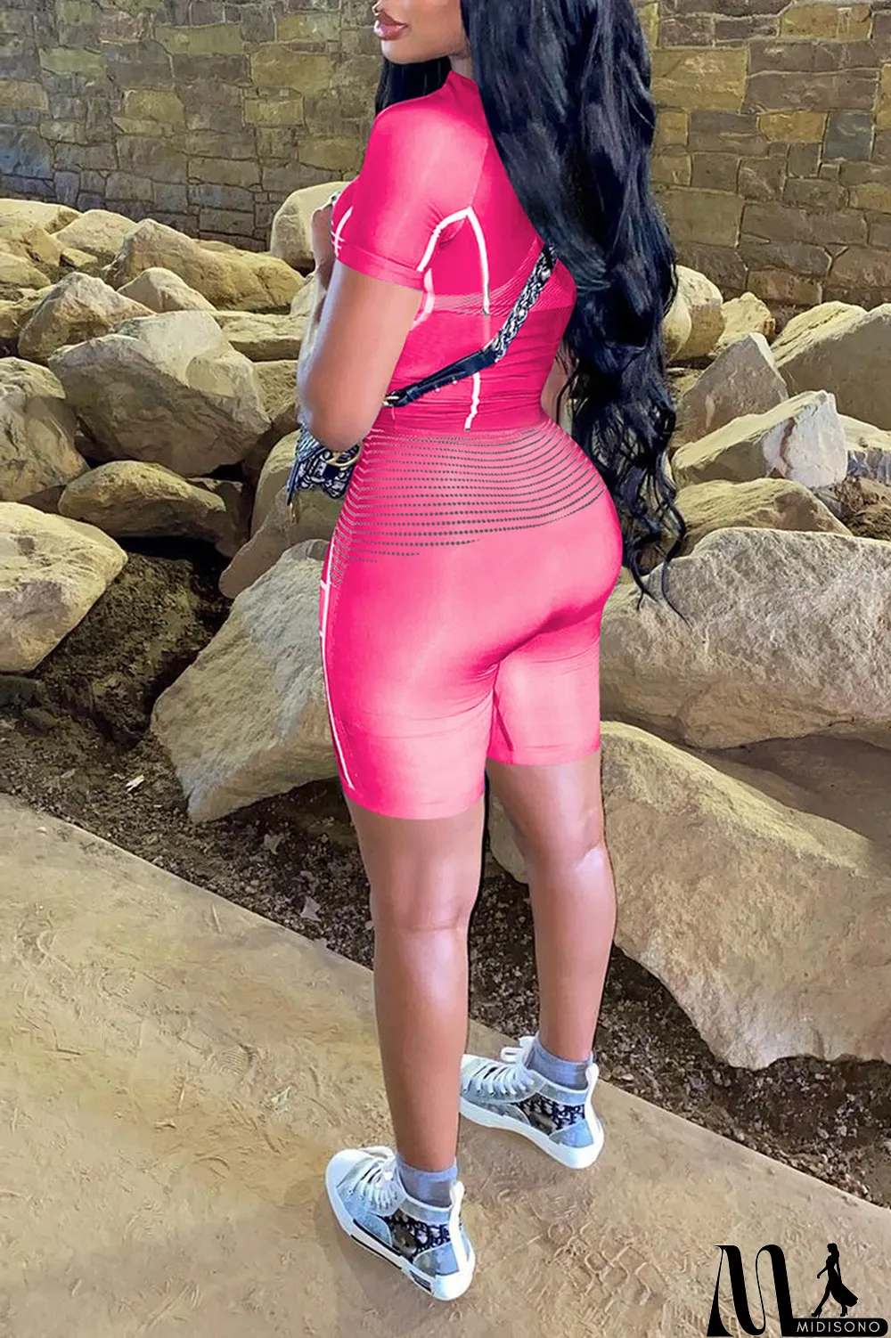 MidiSono - Purple Sexy Print Split Joint O Neck Short Sleeve Two Pieces