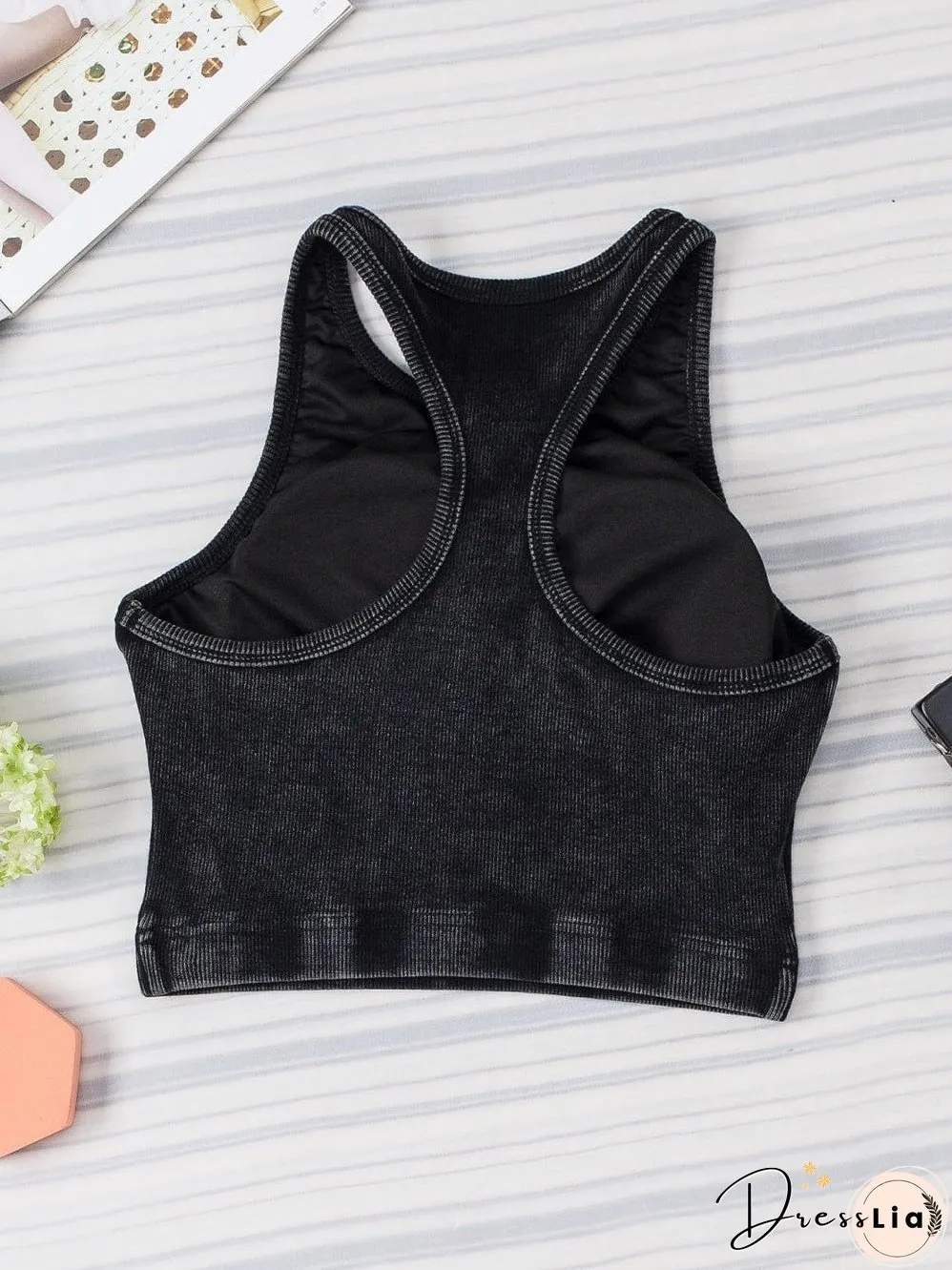 Edgy Black Mineral Wash Ribbed Racerback Crop Top