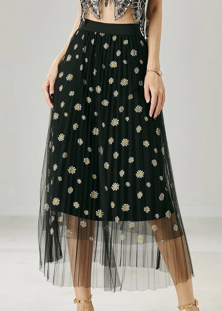 Black Silm Fit Tulle Skirt Chrysanthemum Embroidered Summer