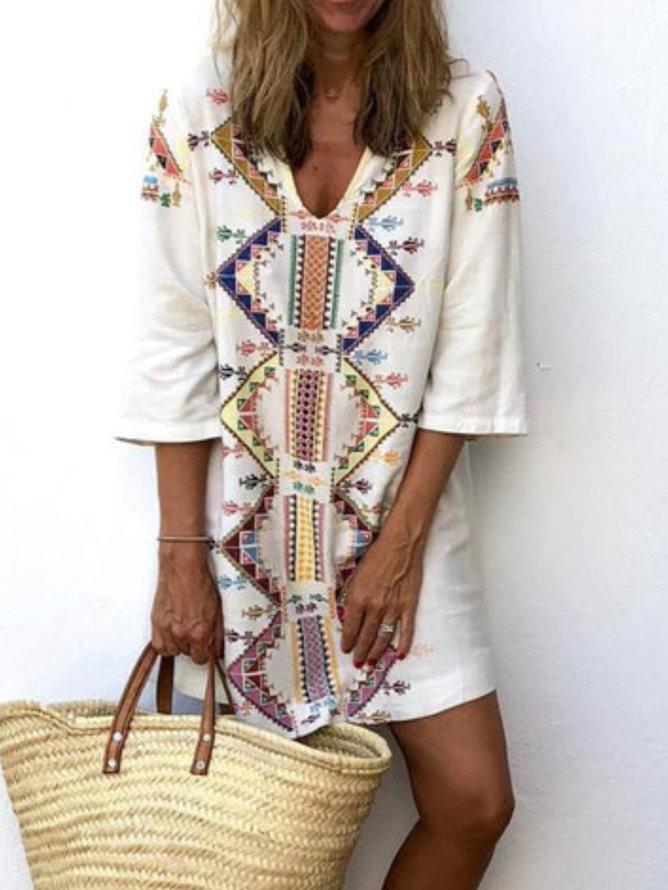 White V neck Floral-Print Casual Dresses