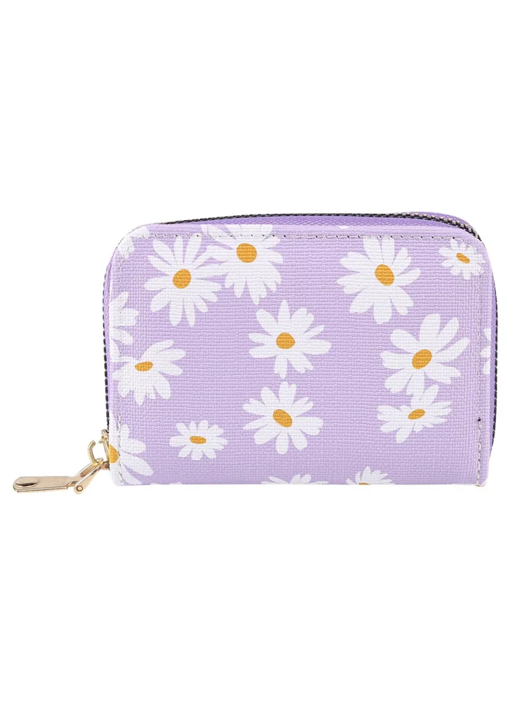 Fashion Women PU Daisy Flower Card Oaganizer Casual Ladies Wallet (Purple)