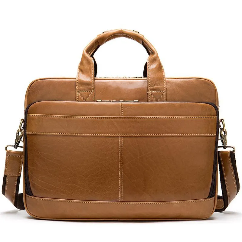 Casual Business Solid Color Handbag 15.6-Inch Computer Bag Leather Crossbody Bag