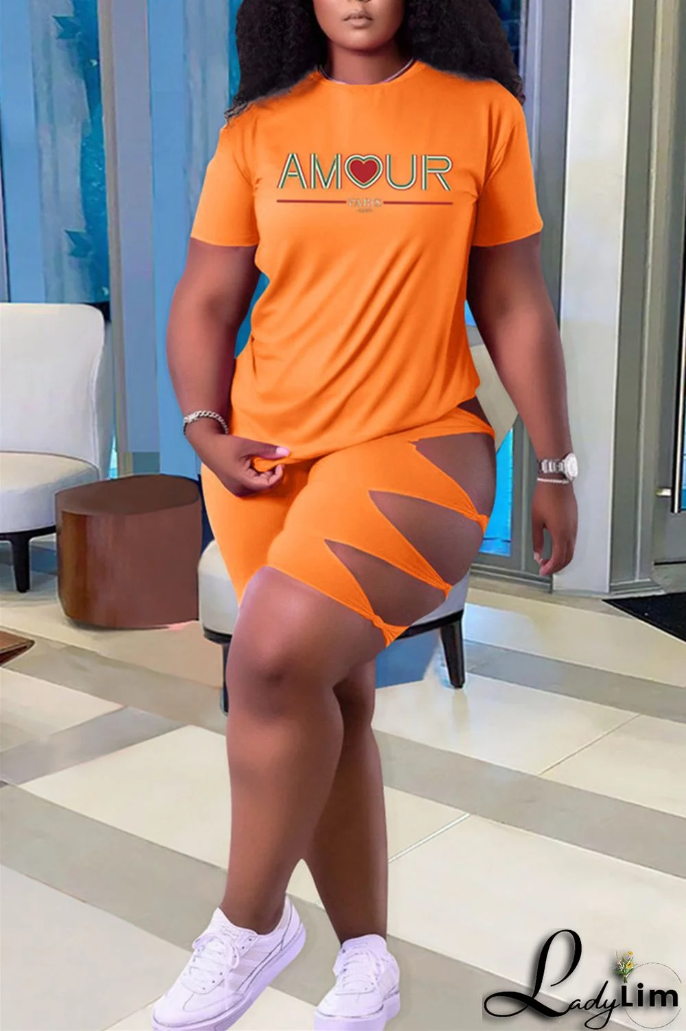 Green Fashion Casual Letter Print Ripped O Neck Plus Size Two Pieces