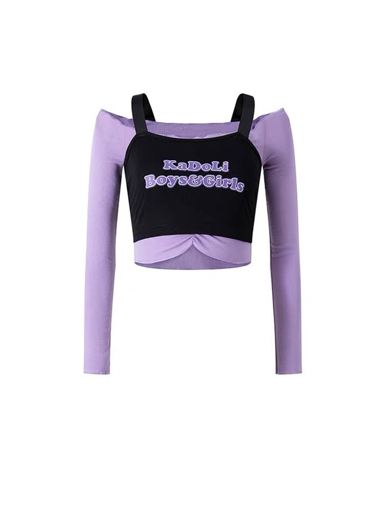 Women Patchwork Strapless Crop Tops Slash Neck Printing Blouses Sexy Harajuku Korean Trendy Long Sleeve Two Piece Sets T-shirt