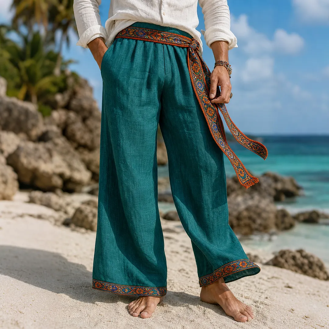 Boho Wide-Leg Linen Pants With Embroidered Trim &ndash; Lightweight, Flowy Summer Trousers For Beach & Casual Wear-INSPIREUSE
