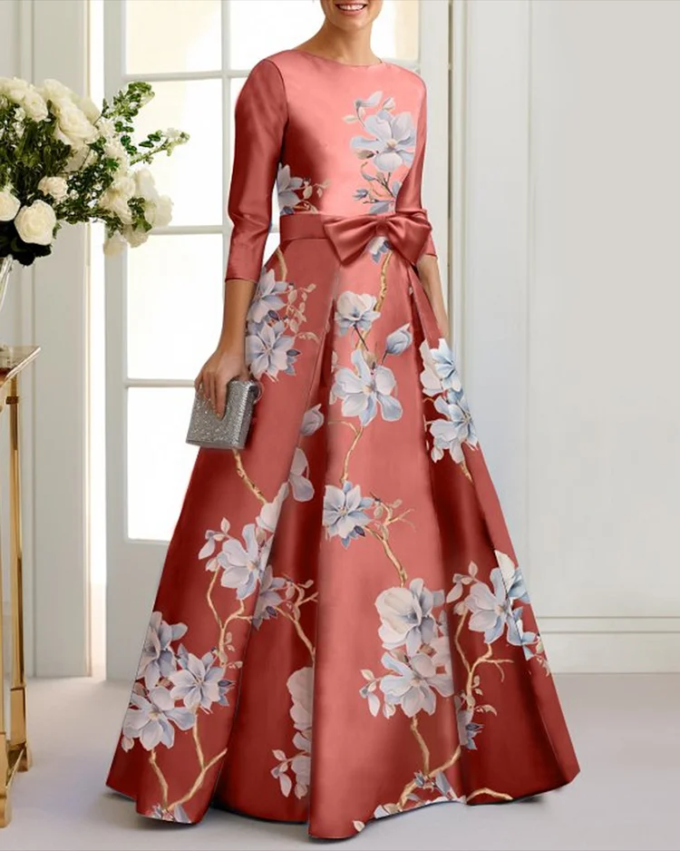 Women's Round Neck Bow Print Dress