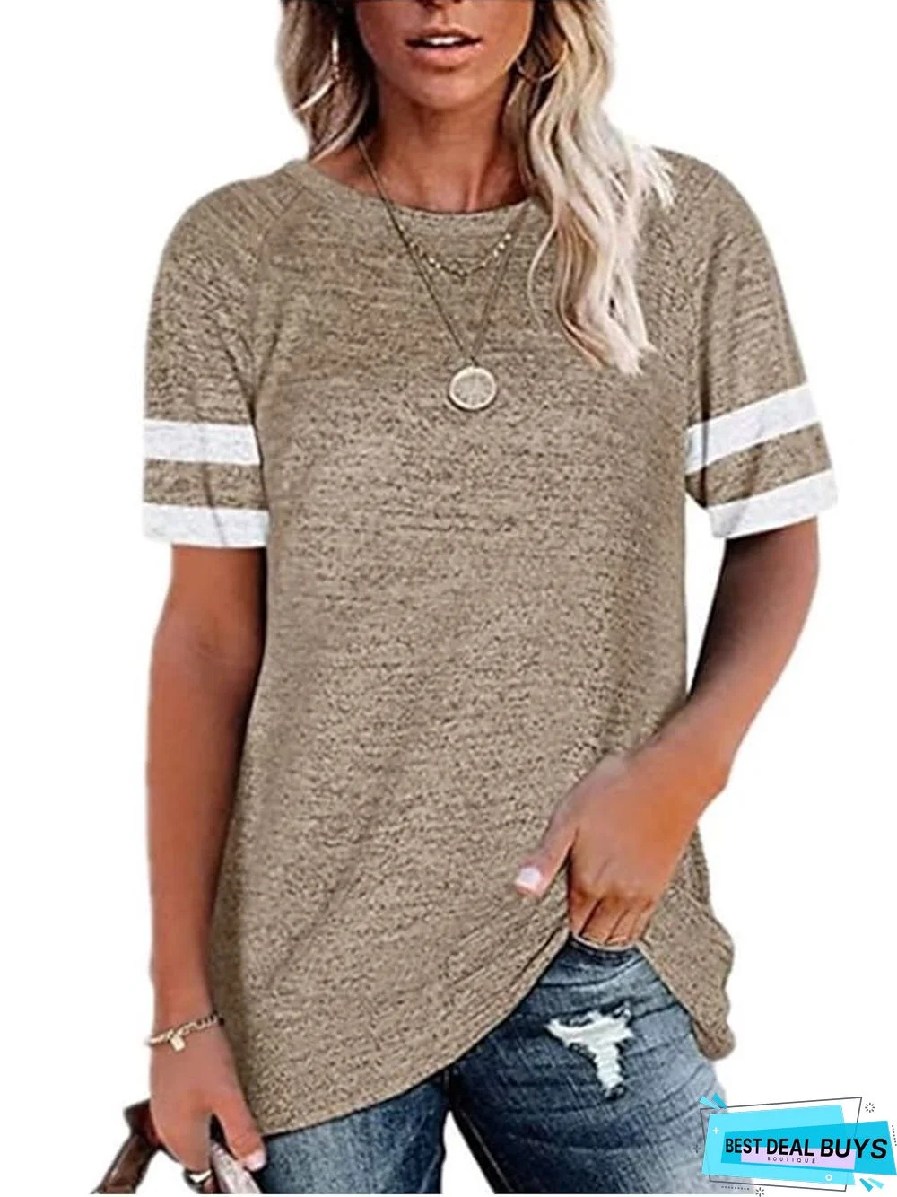 Women's T-Shirt Plain Patchwork Round Neck Tops Cotton Basic Top Black Blue Wine