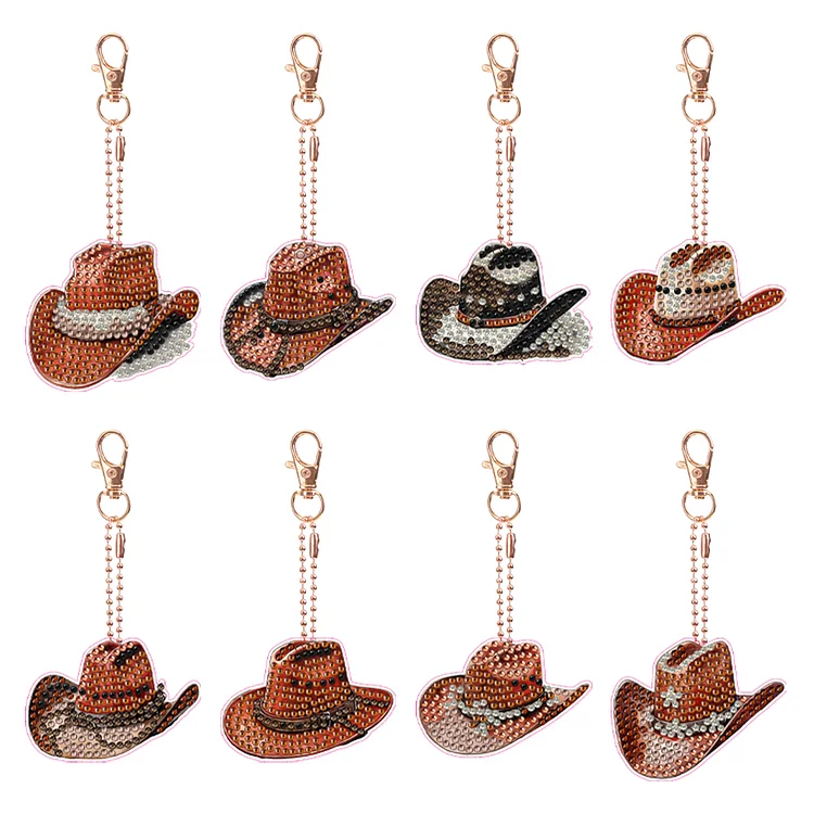 6PCS Cowboy Hat Double Sided Diamond Painting Art Keychain Pendant