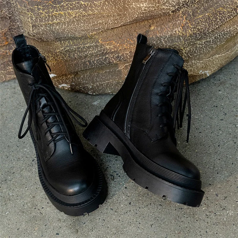 Meotina Women Shoes Genuine Leather Motorcycle Boots Thick Med Heel Boots Round Toe Zipper Lady Footwear Autumn Winter 40 Beige