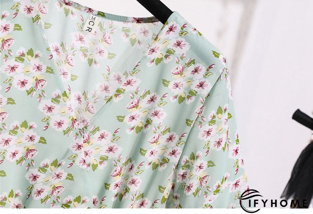 Spring Summer Chiffon Women V-Neck Floral Print Short Dresses Sweet Ruffle Sleeeve Slim Drawstring Ladies Dress | IFYHOME