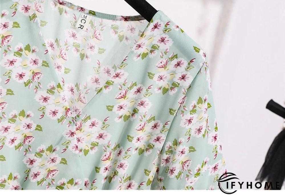 Spring Summer Chiffon Women V-Neck Floral Print Short Dresses Sweet Ruffle Sleeeve Slim Drawstring Ladies Dress | IFYHOME